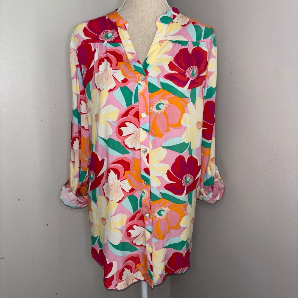 Hope Springs bright floral poppy print loose fit tunic top button up size Large